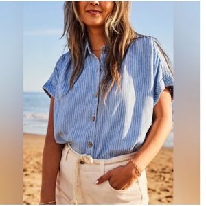 Faherty Breeze Shirt Womens XS Blue White Pinstripe Linen Tencel Short Sleeve